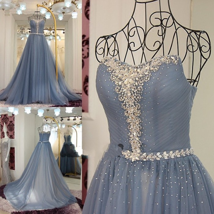 Vestidos De Fiesta Dusty Blue Beaded Prom Dresses Long Tulle A Line Elegant Simple Modest Prom Gown Sukienka Wieczorowa
