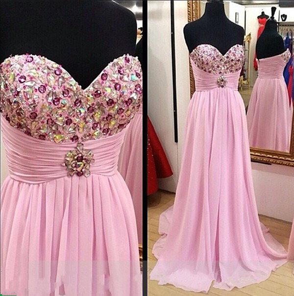 Robe De Soiree Beaded Prom Dresses Long Chiffon Pink Sweetheart Neck A Line Prom Gown Vestidos De Fiesta