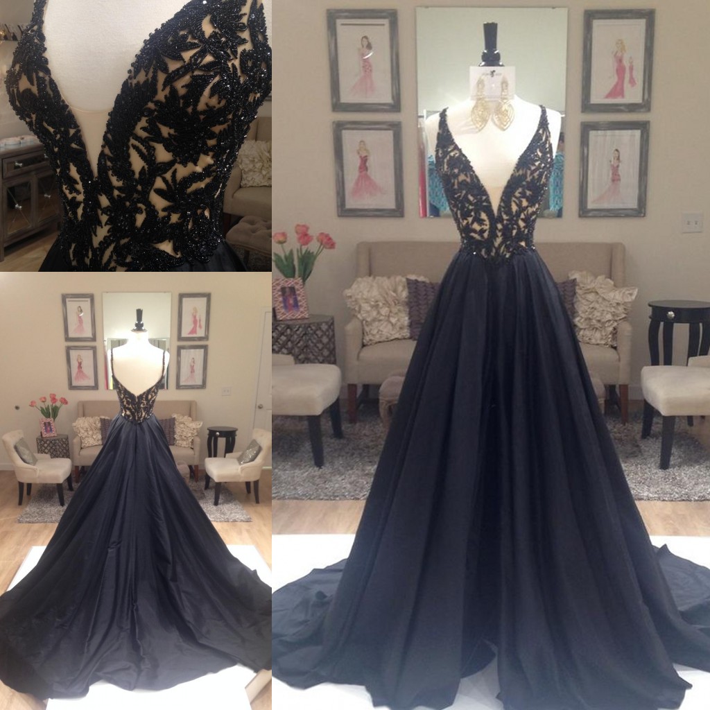 Robe De Bal Vintage Prom Dresses Long Lace Applique Tulle Black Beaded Elegant Simple Prom Gowns Formal Party Dress Vestidos De Gala
