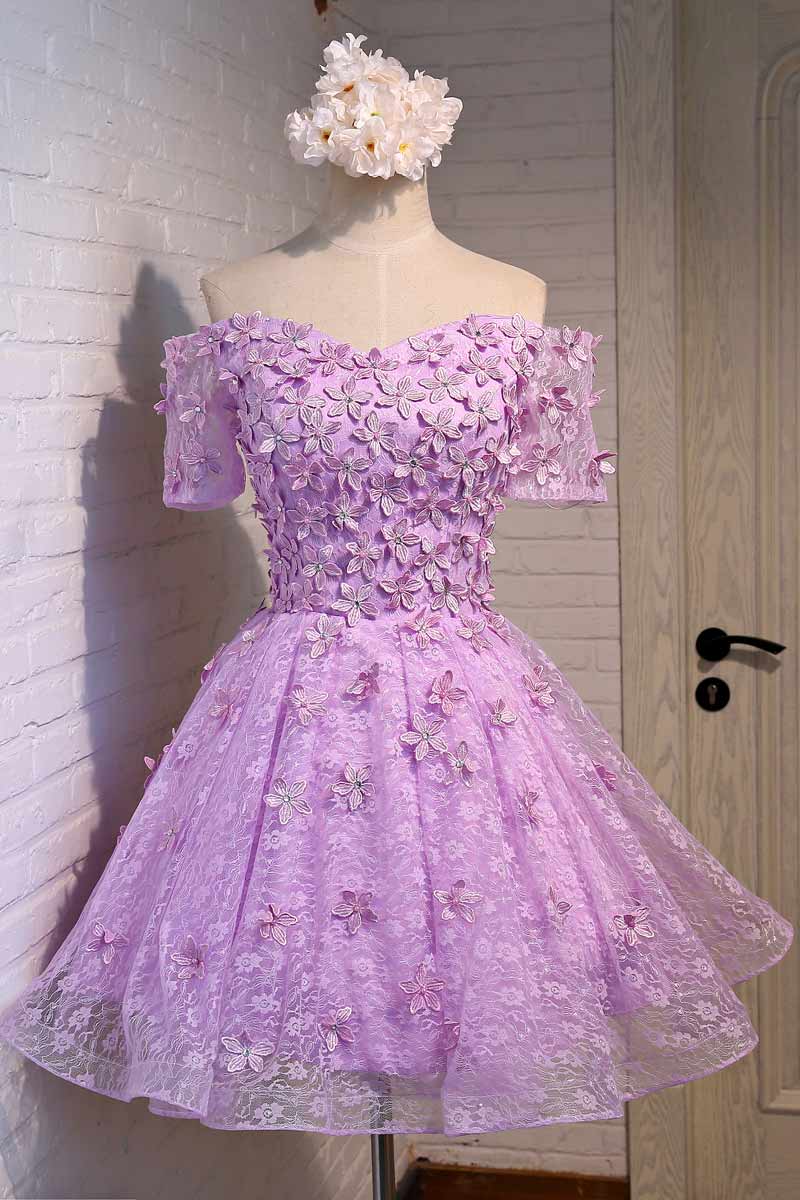 Cocktail Kleider Purple Lace Prom Dresses Short Homecoming Dresses 3d Flowers Knee Length A Line Prom Gown Vestidos De Noche