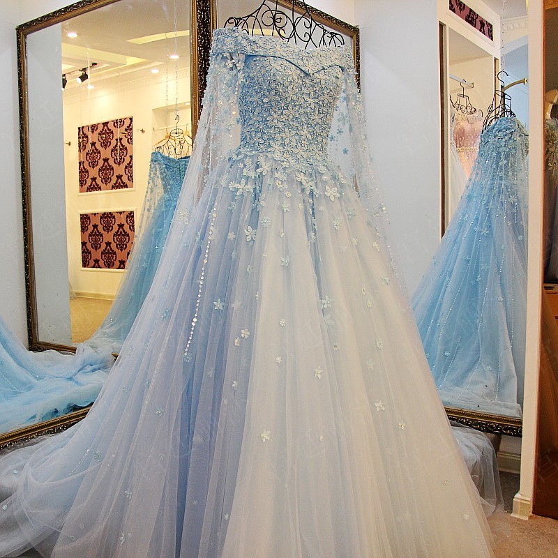 Robe De Bal Blue Prom Dresses Tulle 3d Flowers Elegant A Line Off The Shoulder Pageant Dresses For Women Prom Gown Vestidos Elegantes Para Mujer