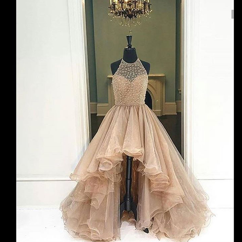 high low prom dresses ball gown tulle halter beaded elegant champagne prom gown robe de bal vestidos de fiesta 