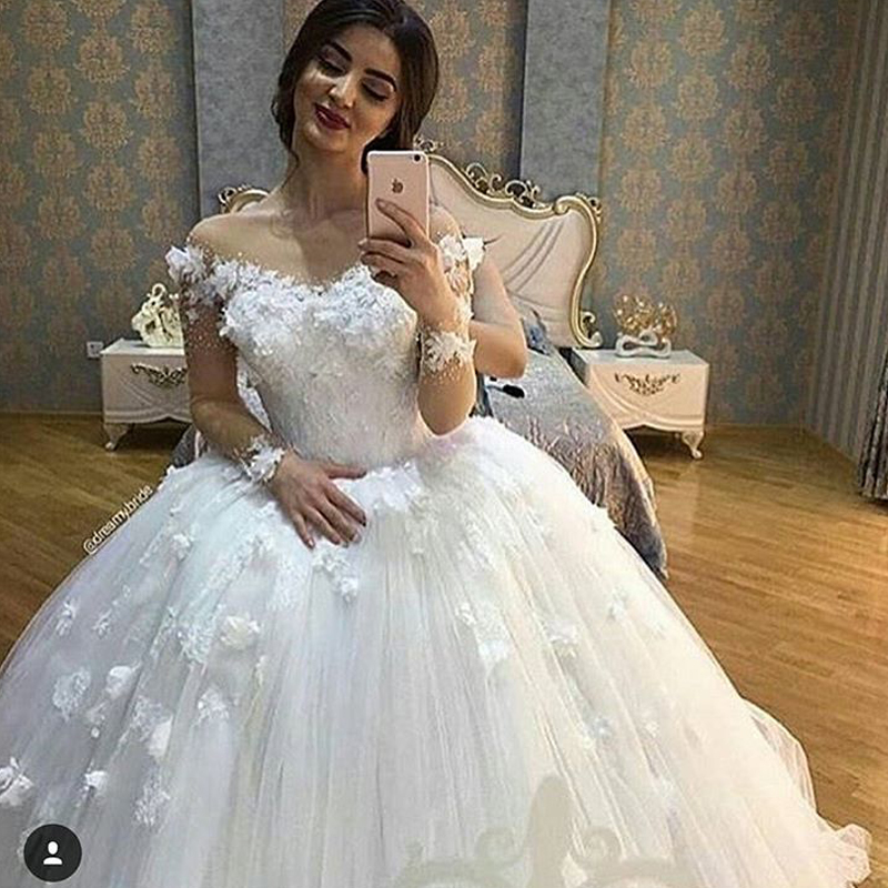 Saudi Arabic Wedding Ball Gown, 3D Flowers Wedding Dress, Ivory Wedding ...