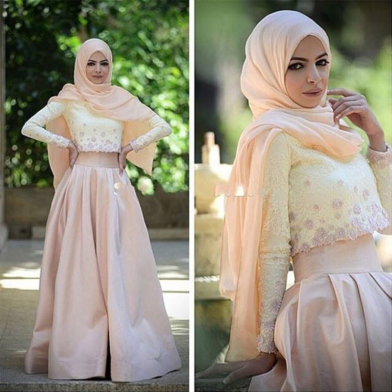 Muslim Evening Dress Lace Prom Dress 2 Piece Prom Dress Hijab Arabic Prom Gowns Long Sleeve