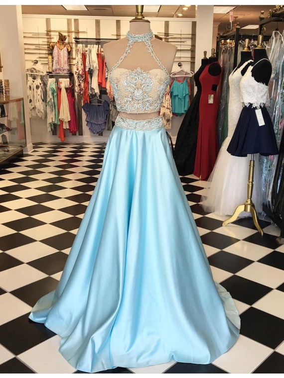 Elegantes Para Mujer 2 Piece Blue Prom Dresses Lace Applique Beaded Satin Elegant Cheap A L Luulla