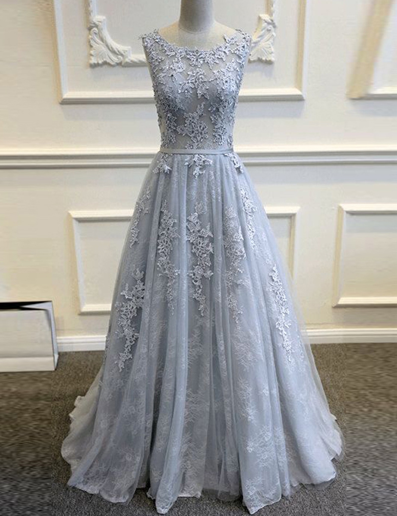 Robe De Bal Lace Applique Prom Dresses Long Tulle A Line Elegant Silver Prom Gown Vestidos De Fiesta De Longo