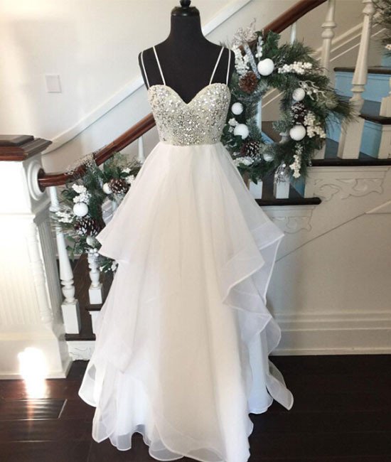 White Prom Dress, Crystals Prom Dress, Tiered Prom Dress, Sexy Prom Dress, Spaghetti Straps Prom Dresses, Long Prom Dresses, Backless Prom Dress, Elegant Prom Dress, Prom Dresses 2017, Formal Party Dresses, Sparkly Prom Dress