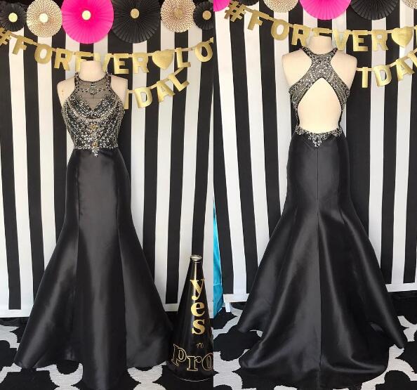 Vestidos De Fiesta Black Evening Dresses Long Satin Beaded Elegant Modest Party Dresses Women Evening Abendkleider Robes