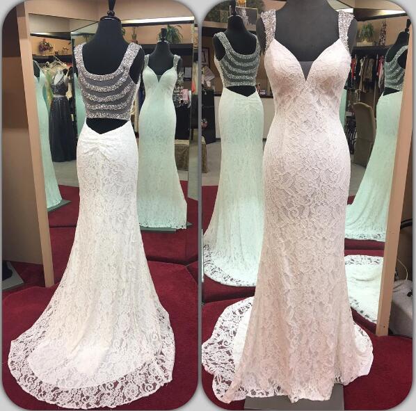Plunging V Sleeveless Lace Mermaid Wedding Dress Featuring Sheer Crystal Back And Sweep Train