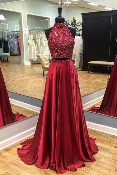 robes de soiree 2 piece burgundy prom dresses long satin beaded a line elegant cheap prom gown vestidos de fiesta de longo 