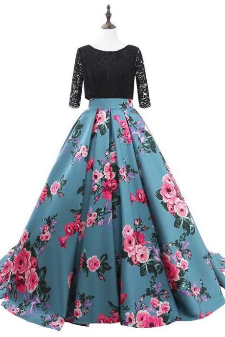 Printed Prom Dress, Prom Dresses 2018, Elegant Prom Dress, A Line Prom Dress, Floor Length Prom Dress, Prom Dress, Lace Prom Dress, Vestido De