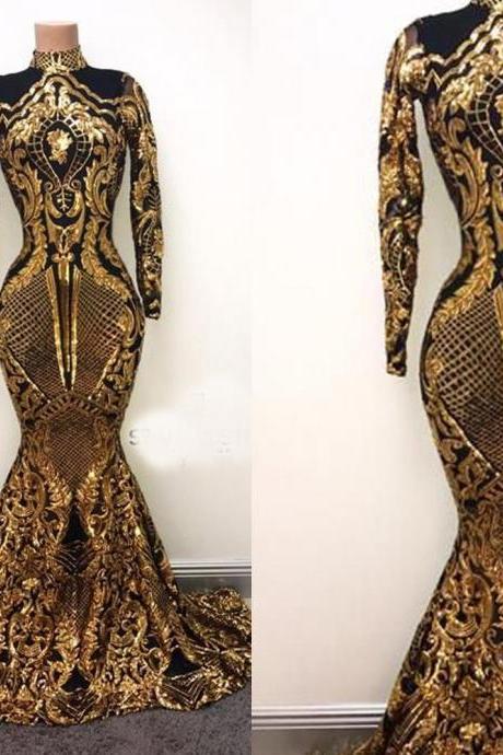 Luxury Black and Gold Evening Dresses High Neck Mermaid Sequin Applique Evening Gown Long Custom Make Formal Dress