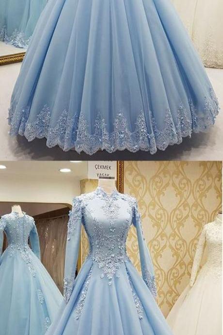Muslim Blue Prom Dresses 2024 Long Sleeve High Neck Lace Applique Arabic Prom Gown Robe De Soiree 2023