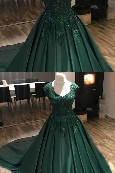 cap sleeve hunter green prom dresses 2020 lace applique beaded elegant satin a line prom gown robe de soiree