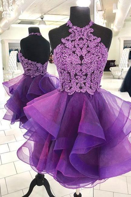 short homecoming dresses 2019 purple lace applique beaded tiered cheap graduation dress prom gown 2020