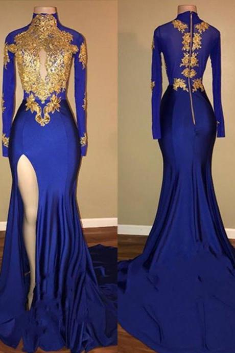 2023 Robe De Soiree Royal Blue Evening Dresses Long Sleeve Lace Applique Elegant Mermaid Evening Gowns 2024 Vestido De Festa De Longo