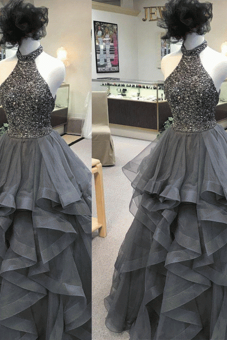 Abendkleider Halter Ball Gown Prom Dresses 2024 Beaded Tiered Black Modest Elegant Prom Gown Vestido De Festa De Longo 2023