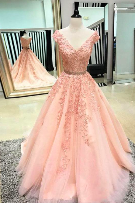 Cap Sleeve V Neck Pink Prom Dresses 2024 Beaded Lace Applique Elegant Real Photo Prom Gown Robe De Soiree Casamento 2023