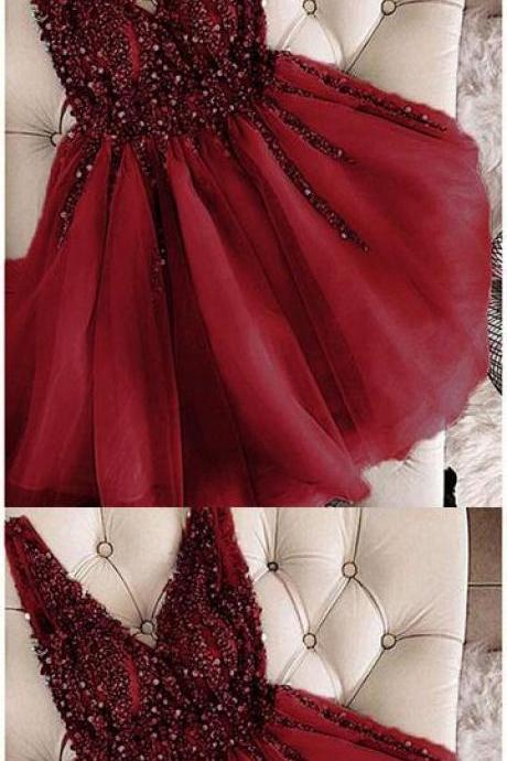 burgundy prom dresses short beaded v neck crystals sleeveless elegant prom gown vestido de festa de curto 2020