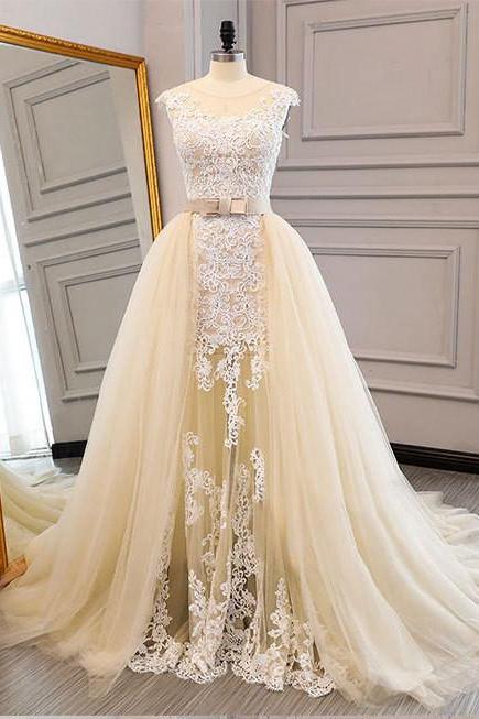 vestidos de nova champagne wedding dresses with detachable train lace applique cap sleeve elegant modest cheap wedding gown robe de mariee 
