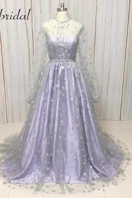 lavender beaded prom dresses 2022 long sleeve starry tulle sparkly elegant cheap prom gown vestido de longo de festa 2023