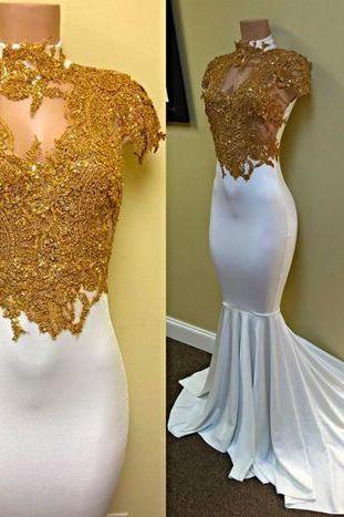 high neck cap sleeve evening dresses long 2022 mermaid satin gold lace applique elegant white modest evening gown robe de soiree 2023