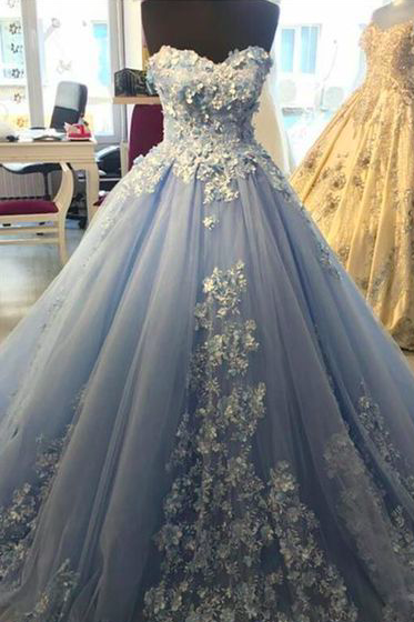 Blue Prom Dresses Ball Gown Lace Applique Beaded 3d Flowers Elegant Luxury Prom Gowns Vestido De Festa De Longo