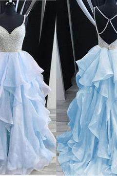 tiered beaded prom dresses long crystals spaghetti straps elegant cheap blue prom gown vestido de festa de longo