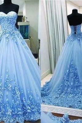 lace applique prom dresses ball gown blue sweetheart neckline elegant handmade flowers prom gown vestido de festa de longo