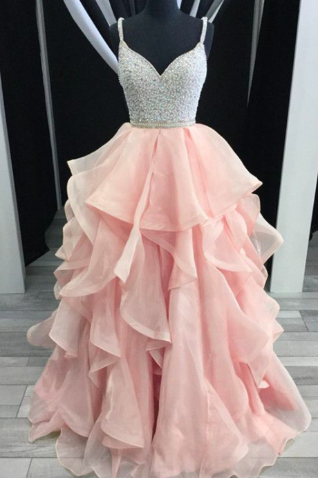 vestidos de cocktail tiered beaded prom dresses long pink spaghetti straps elegant cheap a line prom gown luxury vestido de festa de longo