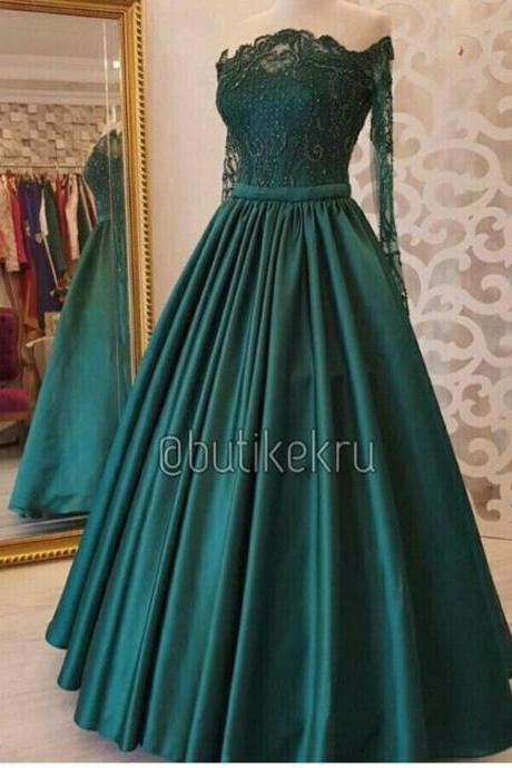 hunter green prom dresses ball gown long sleeve lace applique boat neck elegant vintage prom gowns vestido de festa de longo