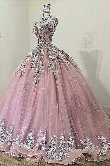 luxury wedding dresses boho lace applique sparkly beaded pink princess wedding ball gown robe de mariage
