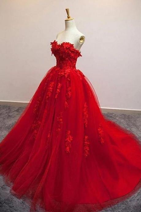 red wedding dresses ball gown lace applique floral elegant strapless cheap wedding gowns vestido de noiva