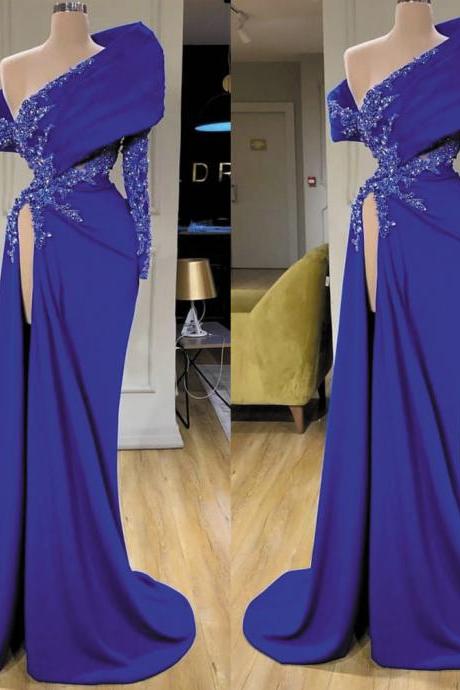 royal blue evening dresses long sleeve mermaid beaded crystal elegant women formal dresses vestido de longo