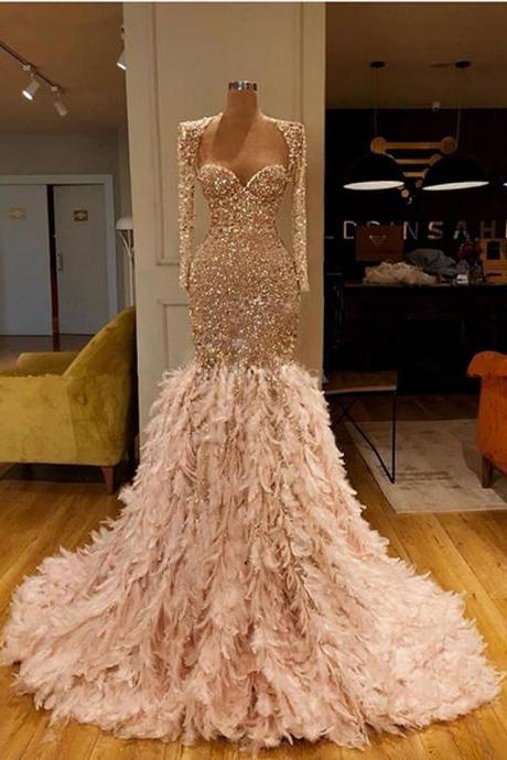 champagne sparkly evening dresses long sleeve mermaid feather luxury modest elegant evening gown vestido de longo 
