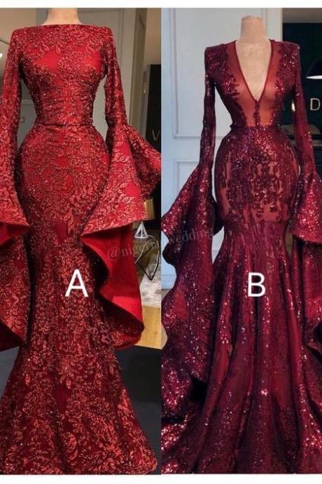 flare sleeve sparkly evening dresses long 2022 mermaid burgundy modest sexy formal dresses evening gown robe de soiree 2023
