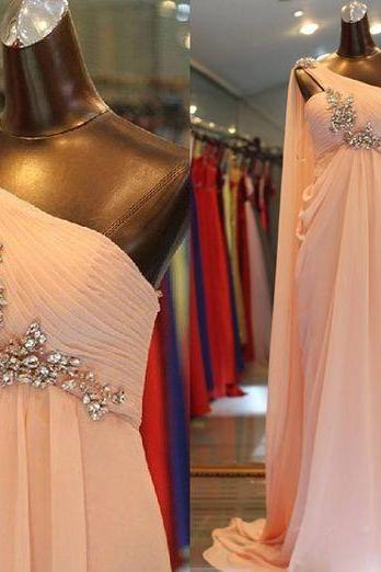 one shoulder pink prom dresses long beaded chiffon a line elegant crystals cheap prom gown vestido de longo