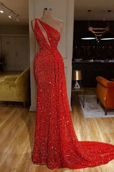 one shoulder evening dresses sparkly long mermaid red elegant modest mermaid evening gown vestido de longo 2020 