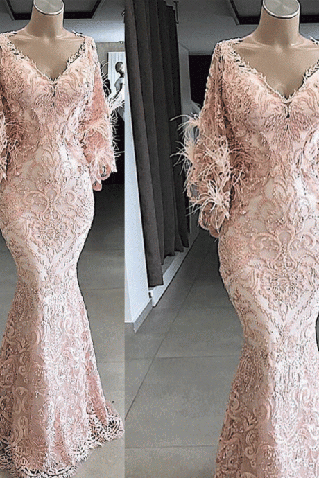 feather evening dresses long 2022 pink lace applique v neck modest elegant mermaid luxury evening gown robe de soriee 2023