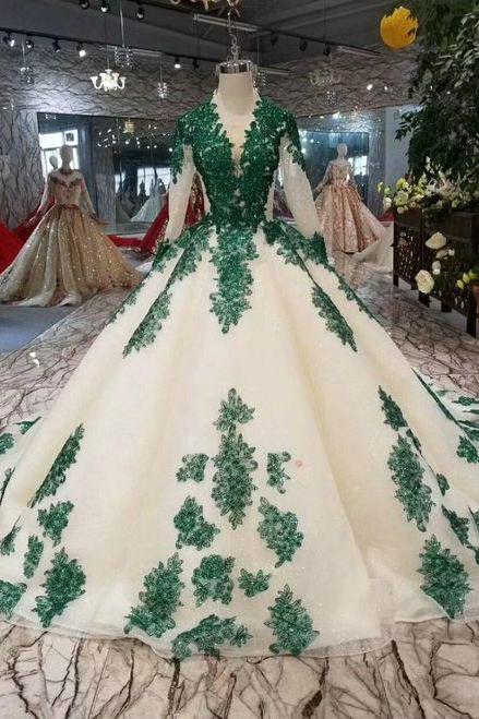 green lace applique prom dresses ball gown deep v neck long sleeve elegant princess champagne prom gowns vestido de fiesta