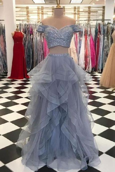 2 piece prom dresses 2022 off the shoulder short sleeve beaded tiered tulle elegant prom gowns vestido de fiesta 2023