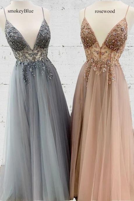 spaghetti strap smokey blue prom dresses long beaded elegant v neck tulle sexy prom gown vestido de longo 2021