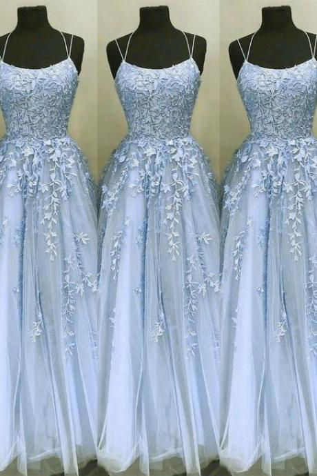lace applique prom dresses spaghetti strap elegant blue a line prom gown 2022 vestido de longo 2023