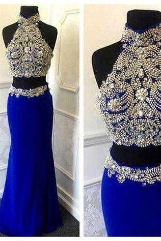 2 piece prom dresses 2023 mermaid royal blue beaded modest crystal sexy formal evening dresses long 2022 vestidos de fiesta