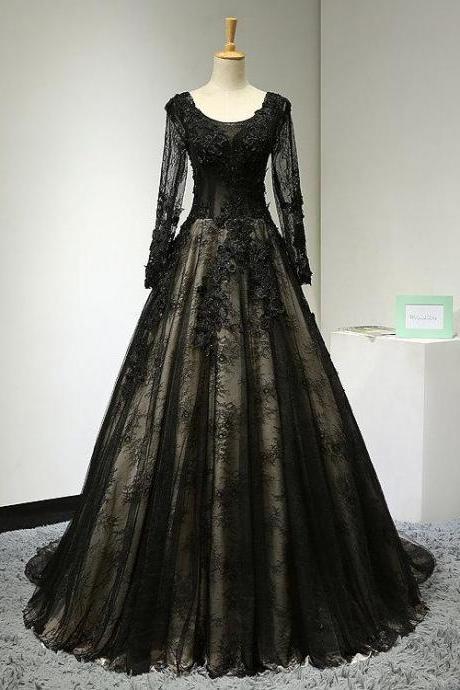black wedding dresses 2023 long sleeve lace applique beaded elegant vintage a line bridal dresses 2022 robe de mariee