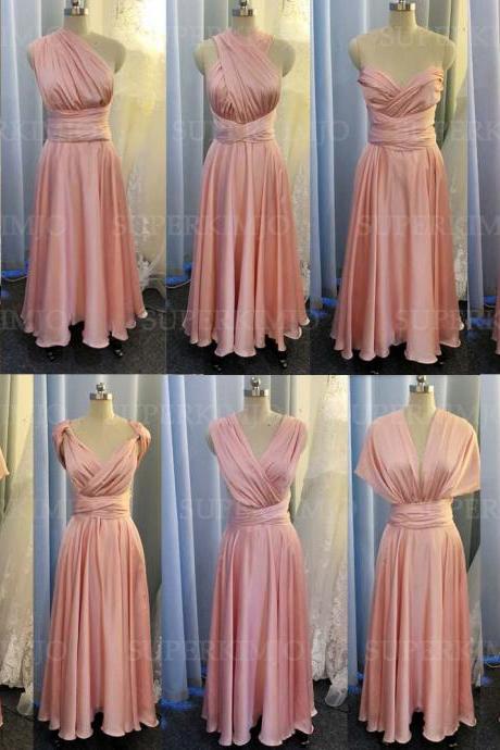 pink convertible bridesmaid dresses long satin infinite cheap custom simple elegant wedding guest dresses