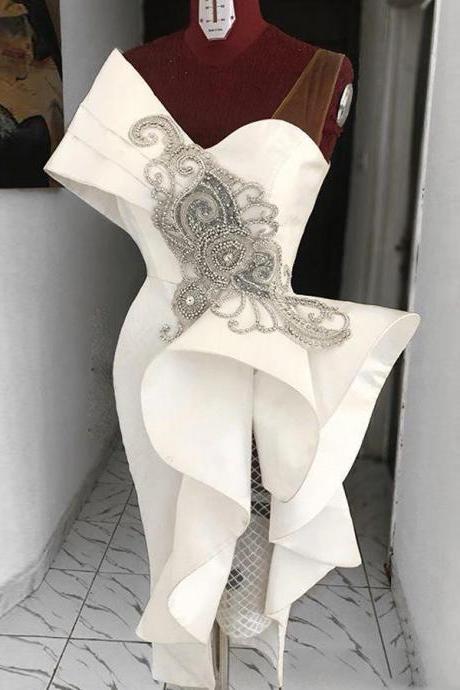White Evening Dresses Short Lace Applique Beaded Mermaid Modest Evening Gown Vestido De Festa De Curto
