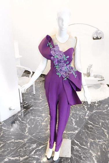 purple jumpsuit for weddings embrodiery applique beaded mermaid simple pant suit for women 