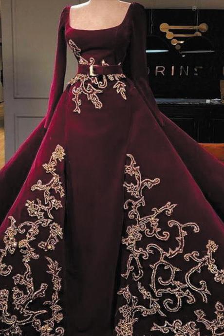 vintage burgundy prom dresses boat neck long sleeve velvet lace applique modest elegant prom gown robe de soiree 