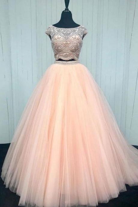 2 piece prom dresses cap sleeve beaded tulle elegant pink prom gown vestidos de fiesta robes de cocktail